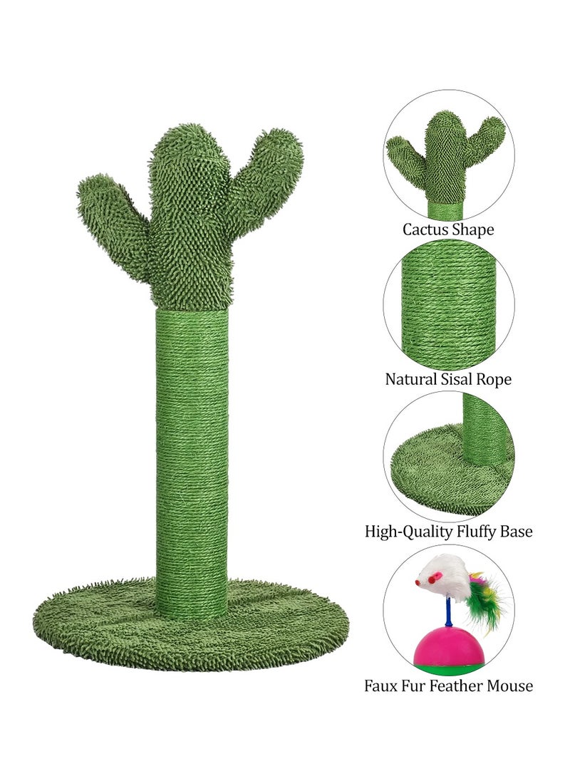 Cat scratching post with Cactus shape, Faux fur feather mouse, Natural sisal rope, and Stable base, Durable cat scratcher for indoor cats and kittens, Easy to assemble 65 cm (Green)