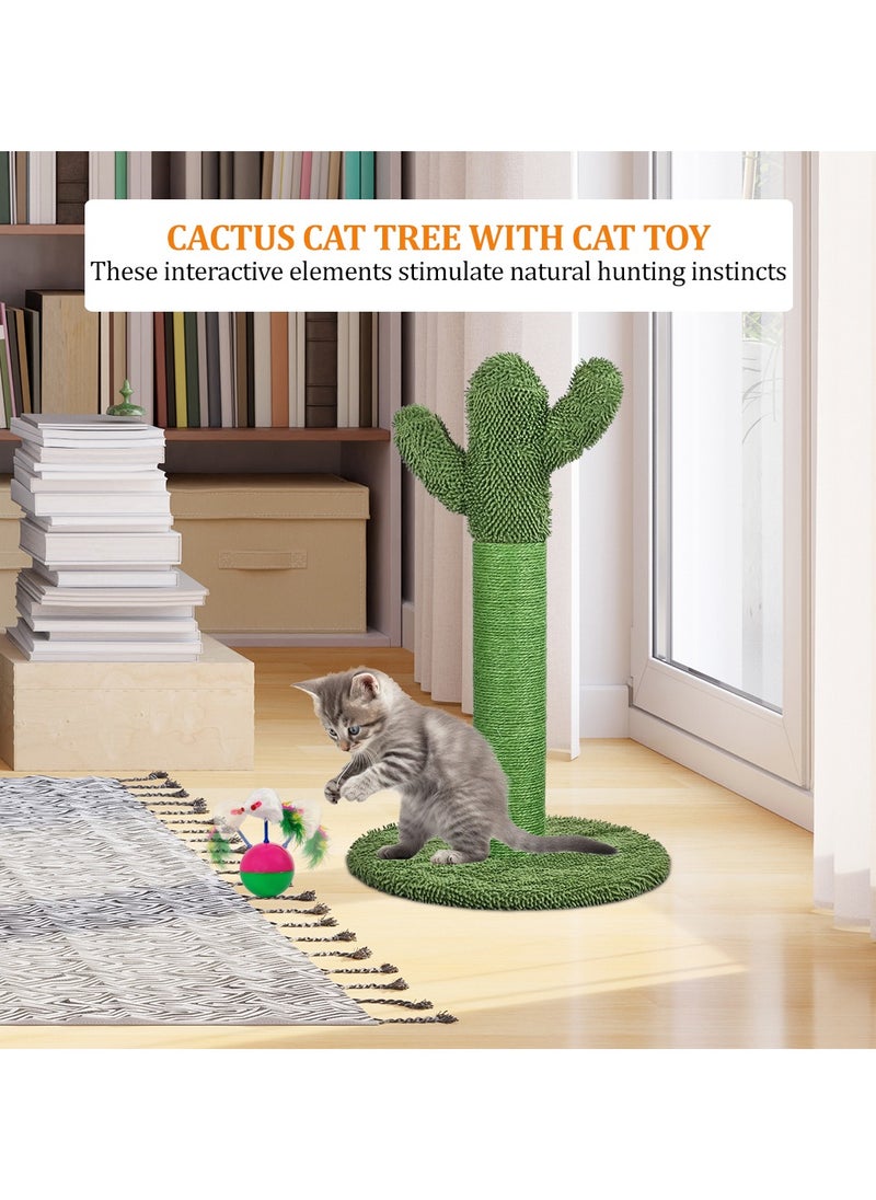 Cat scratching post with Cactus shape, Faux fur feather mouse, Natural sisal rope, and Stable base, Durable cat scratcher for indoor cats and kittens, Easy to assemble 65 cm (Green)