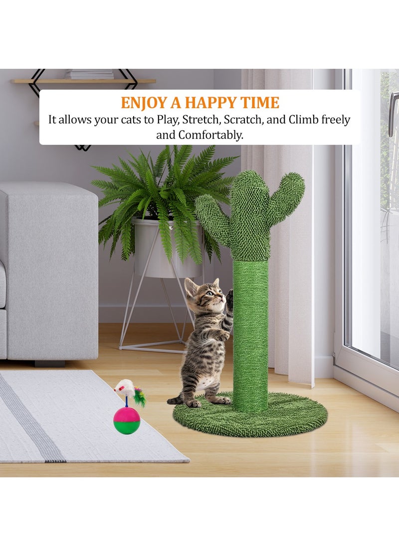 Cat scratching post with Cactus shape, Faux fur feather mouse, Natural sisal rope, and Stable base, Durable cat scratcher for indoor cats and kittens, Easy to assemble 65 cm (Green)