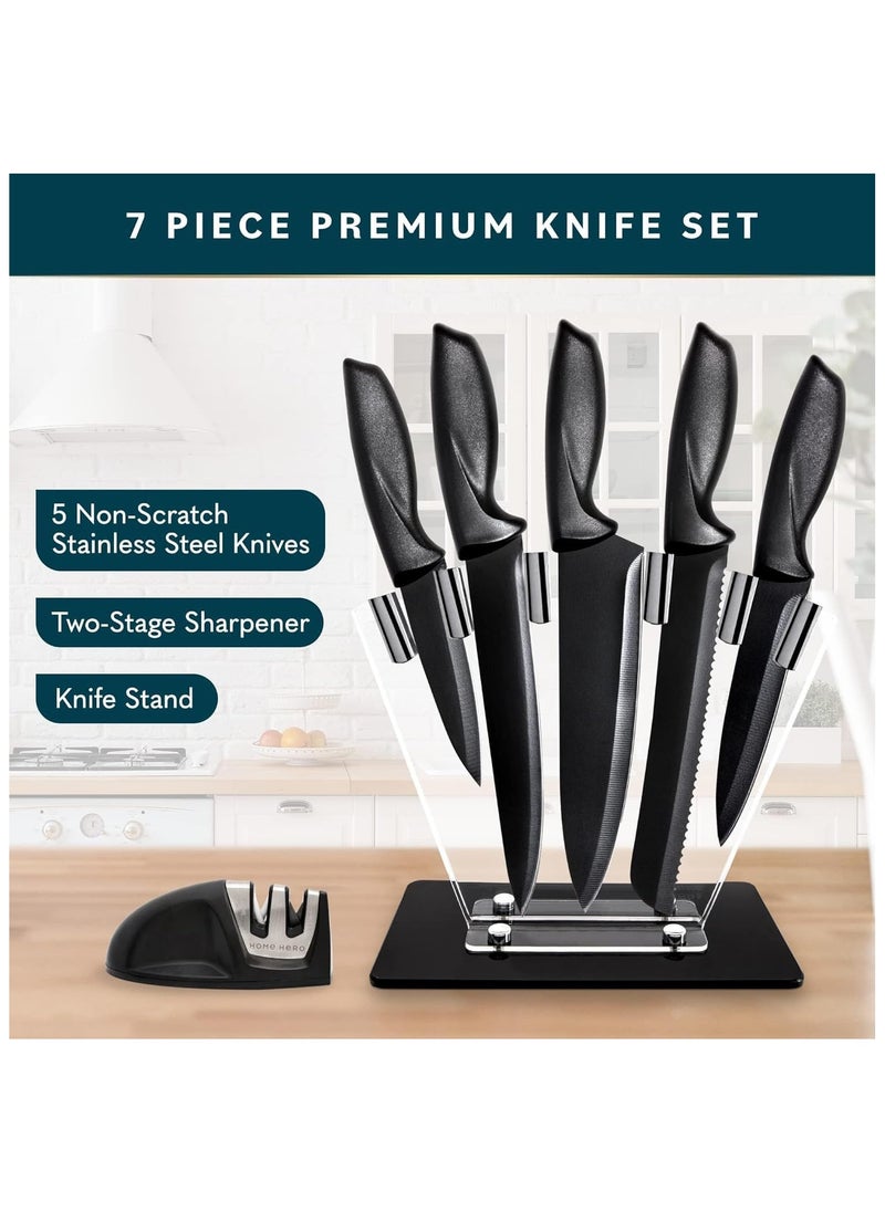 7 Pcs Kitchen Knife Set with Sharpener - High Carbon Stainless Steel Knife Block Set with Ergonomic Handles - Black