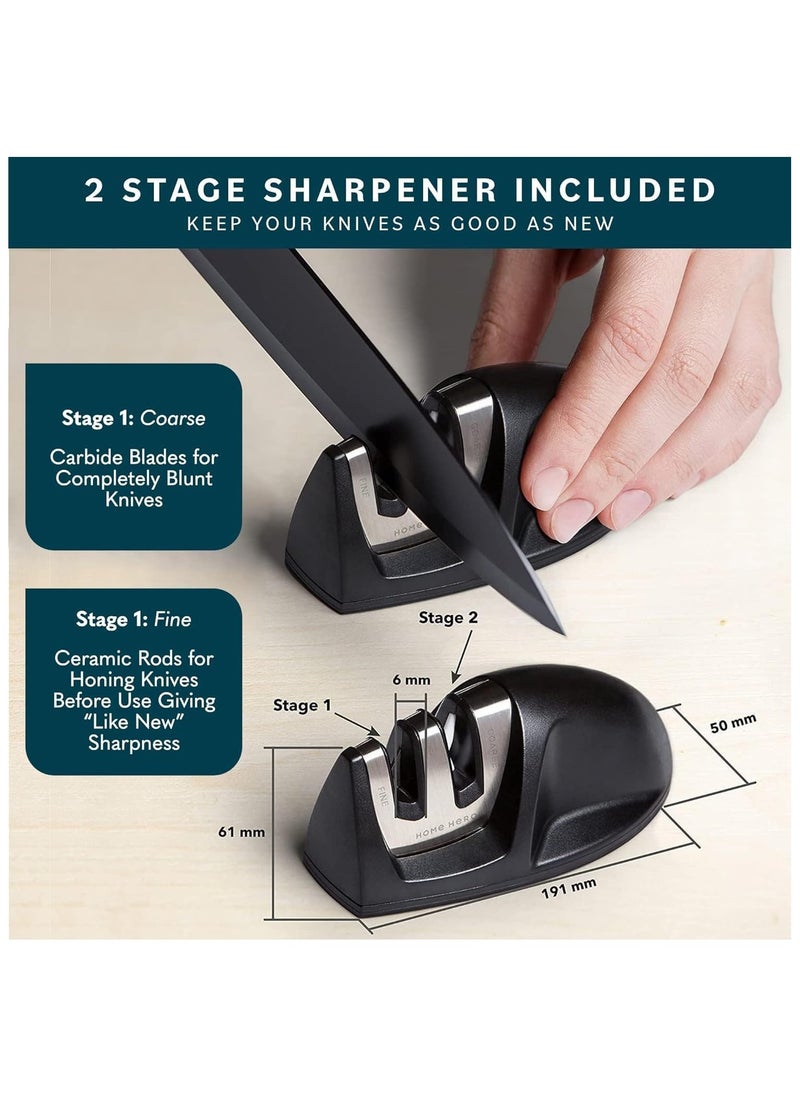 7 Pcs Kitchen Knife Set with Sharpener - High Carbon Stainless Steel Knife Block Set with Ergonomic Handles - Black