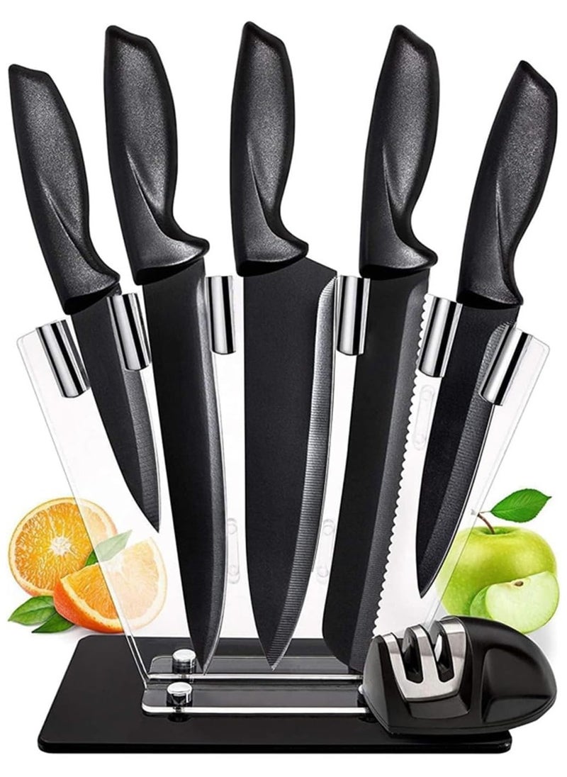 7 Pcs Kitchen Knife Set with Sharpener - High Carbon Stainless Steel Knife Block Set with Ergonomic Handles - Black