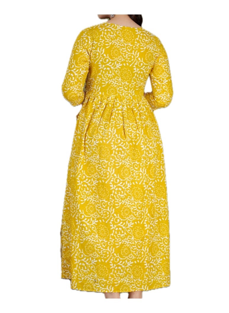 Women's Cotton Floral Print Dress, Yellow, 3/4 Sleeve,Maternity/Feeding Dress