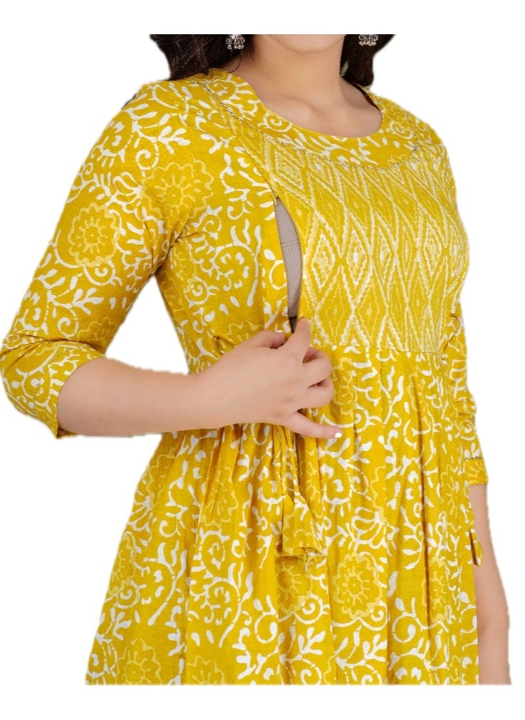 Women's Cotton Floral Print Dress, Yellow, 3/4 Sleeve,Maternity/Feeding Dress