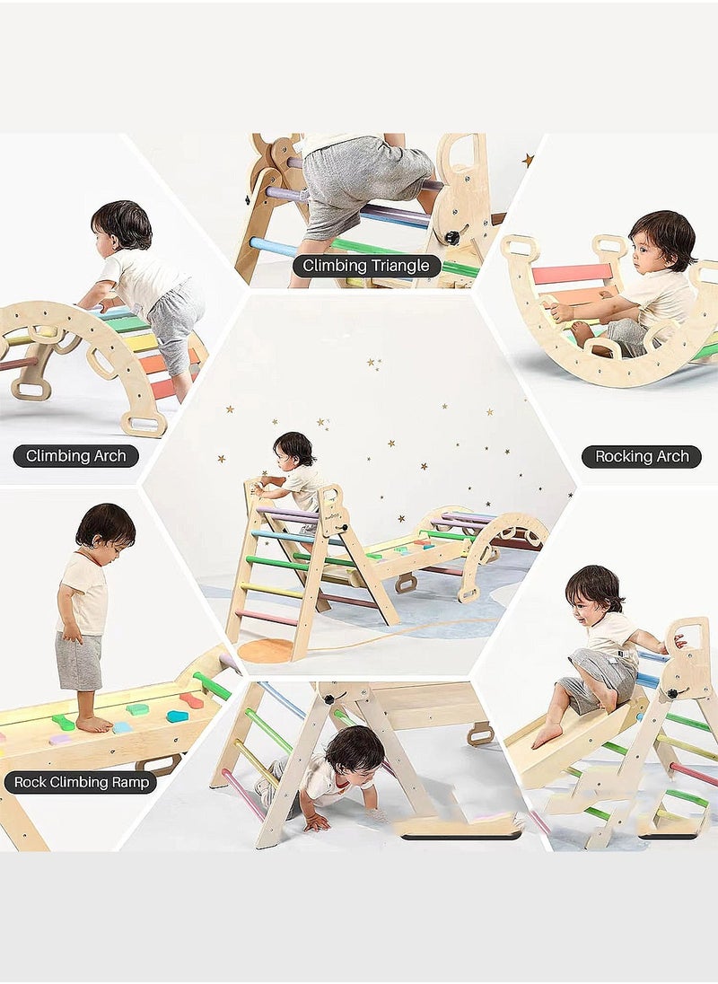 7 in 1 Foldable Triangle Toy Set for Babies Wooden Montessori Climbing Large Toy with Arches Ramp and Ladder Baby Climbing Frame Indoor Jungle Gym for Toddlers