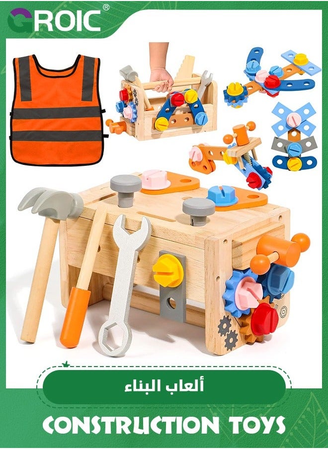 Kids Tool Set with Apron, Wooden Toddler Bench Montessori Toys, 39 PCS Educational STEM Construction Toys Pretend Play Birthday Gift for