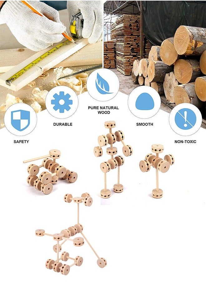 60 Pieces Wooden Building Block Toys for Kids, Montessori STEM Toy Natural Wood Splicing Joints and Sticks Educational Sensory Tinker Creative 3D Playset Stacking Game