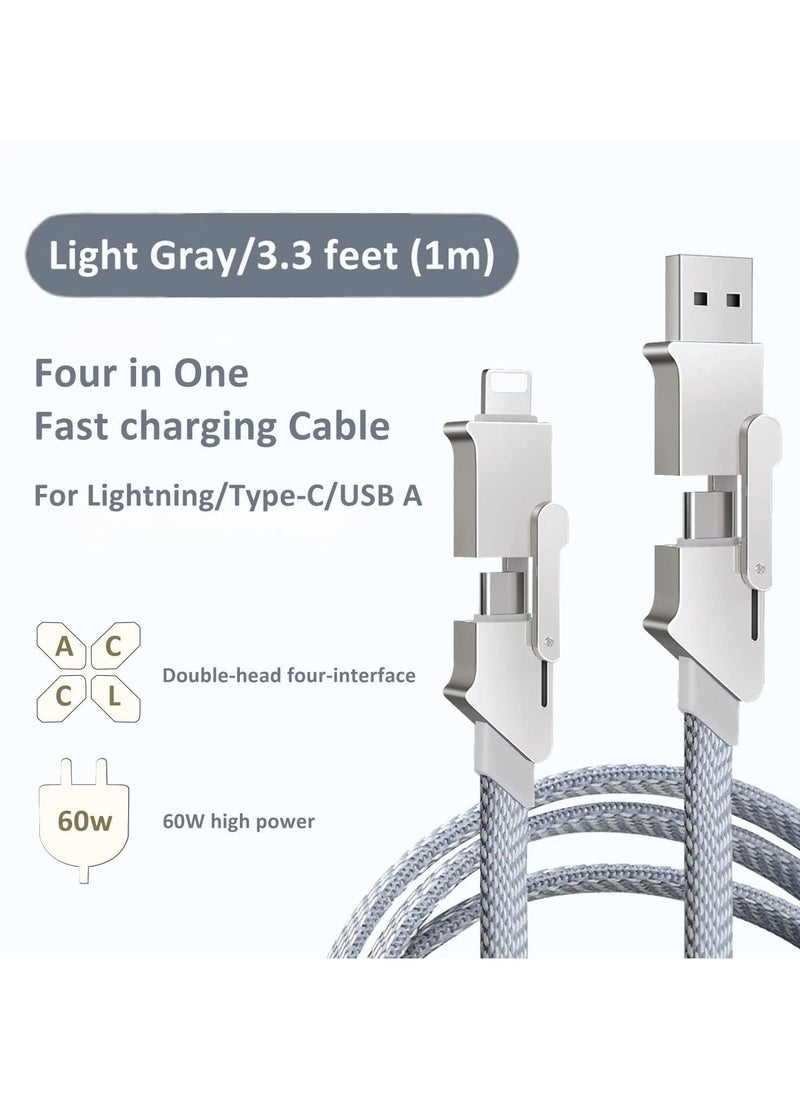 4 in 1 USB C Charging Cable, 60W Fast Charging & Data Sync, Flat Braided Anti-Tangle Charger Cord, Multi Charging Cable, with Type C/USB A Ports (3.3ft), USB C Fast Charging Cable