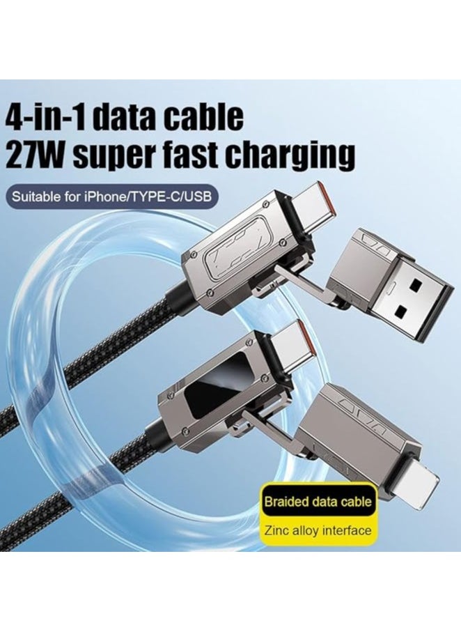 Multi Charging Cable, 4 in 1 Nylon Braided 3.93FT/1.2M Multiple USB Fast Charging Cord Adapter with LED Display, Type C/USB A Port Connectors Compatible with iphone Cell Phones Tablets and More