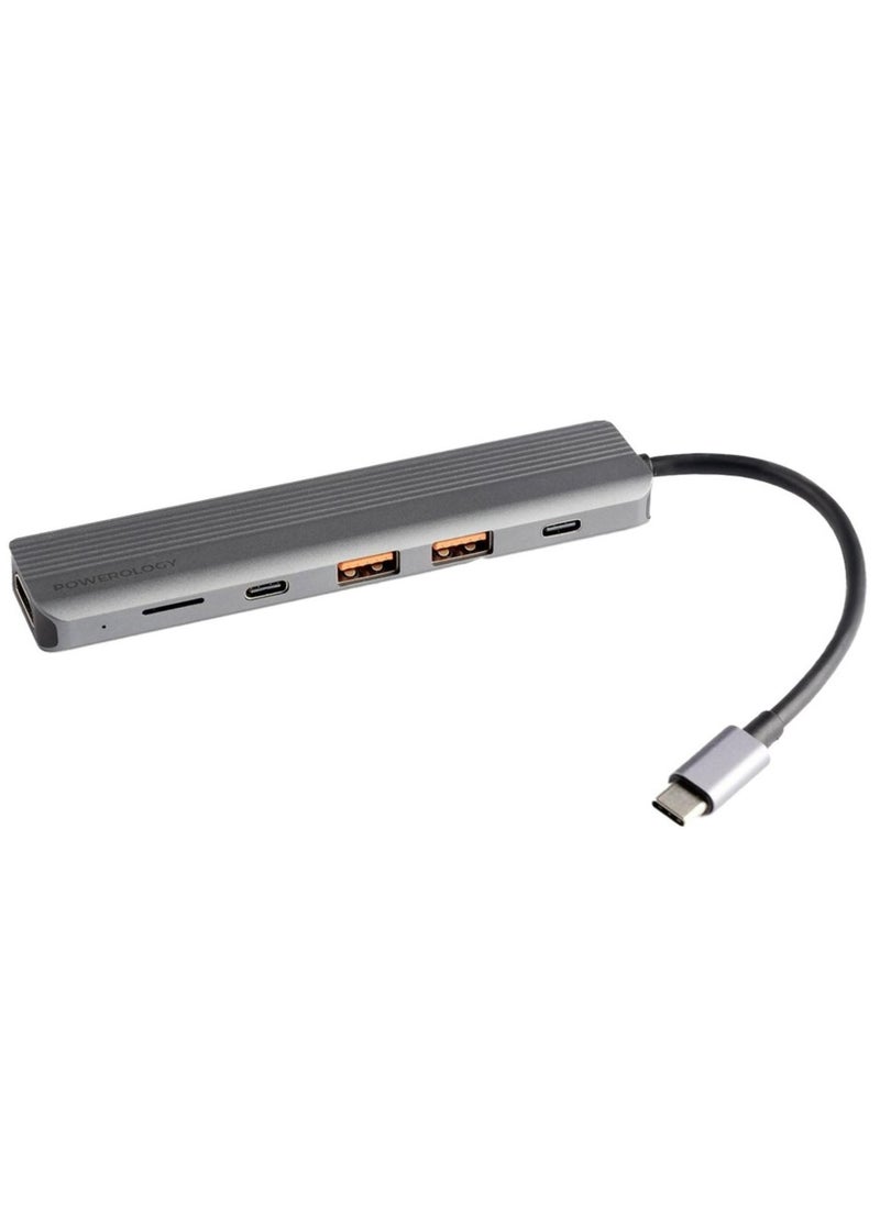 6-in-1 USB-C Hub HDMI Type-C 100W PD USB MicroSD, Ultra HD HDMI Port, Charge & Data - Gray