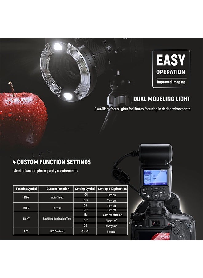 NEEWER RF1-C Marco Ring Flash Compatible with Canon, 76Ws GN15 5600K E-TTL Ring Flash Light, 1-1/128 Output, Front/Rear Curtain Sync, Color Gels, Lens Adapter Rings for Macro Photography