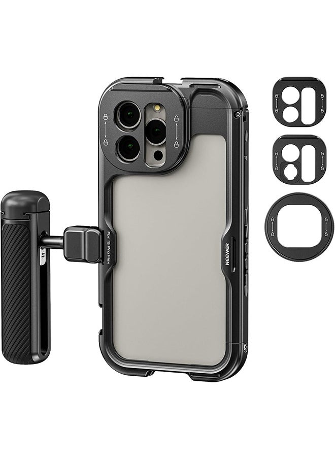 NEEWER 15 Pro Max Cage [2nd Gen], Video Rig Phone Stabilizer with Quick Release Side Handle, 67mm Filter Adapter, 17mm Lens Backplate, T Mount Lens Adapter Compatible with Moment, PA044+PA045B