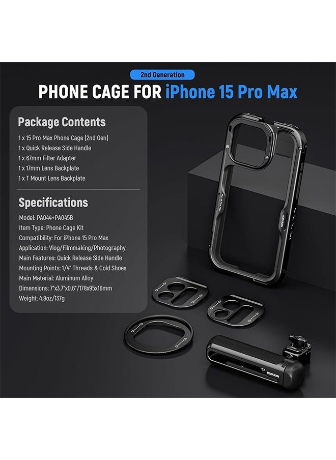 NEEWER 15 Pro Max Cage [2nd Gen], Video Rig Phone Stabilizer with Quick Release Side Handle, 67mm Filter Adapter, 17mm Lens Backplate, T Mount Lens Adapter Compatible with Moment, PA044+PA045B