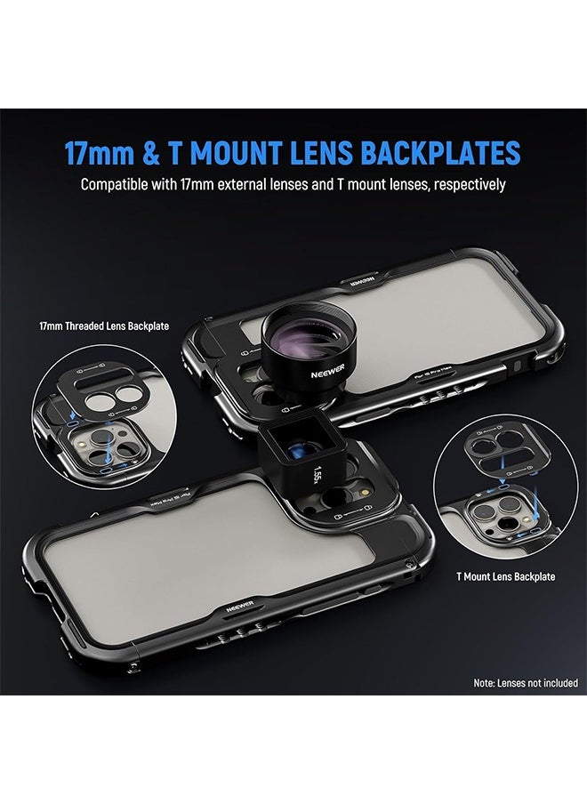 NEEWER 15 Pro Max Cage [2nd Gen], Video Rig Phone Stabilizer with Quick Release Side Handle, 67mm Filter Adapter, 17mm Lens Backplate, T Mount Lens Adapter Compatible with Moment, PA044+PA045B