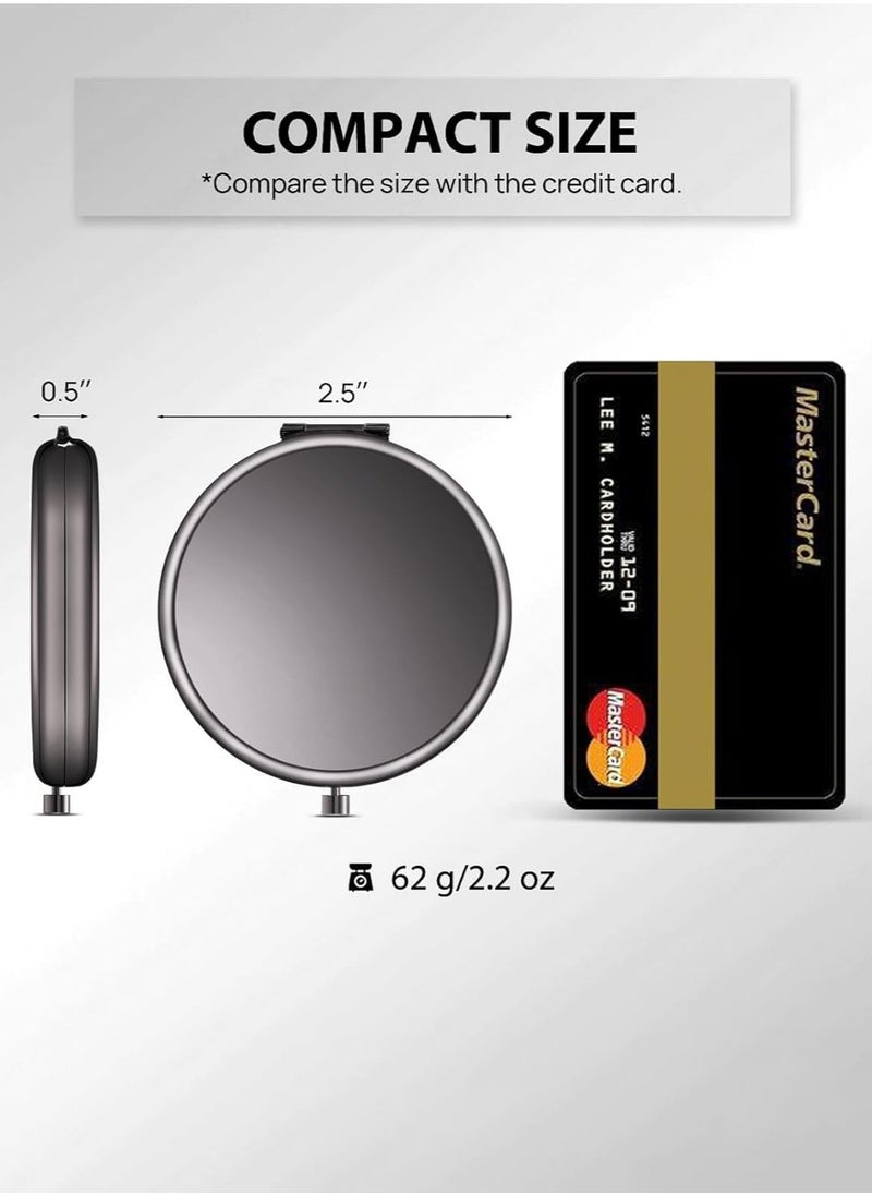 Compact Mirror for Purse, Double-Sided 1X/2X Magnifying Metal Pocket Makeup Mirrors(Round, Onyx Black)