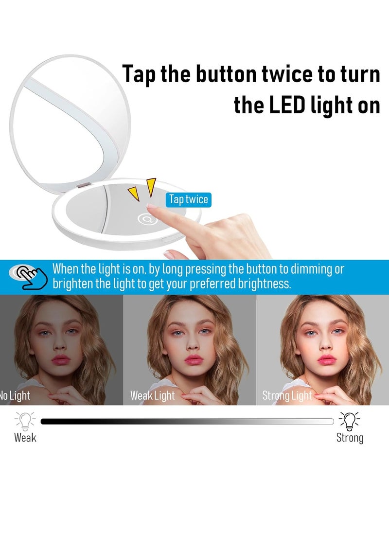 Compact Mirror with LED Light,1x/10x Magnifying Rechargeable Mirror,3.5in, Dimmable Travel Mirror for Purse,Pocket,Handheld 2-Sided Makeup Mirror