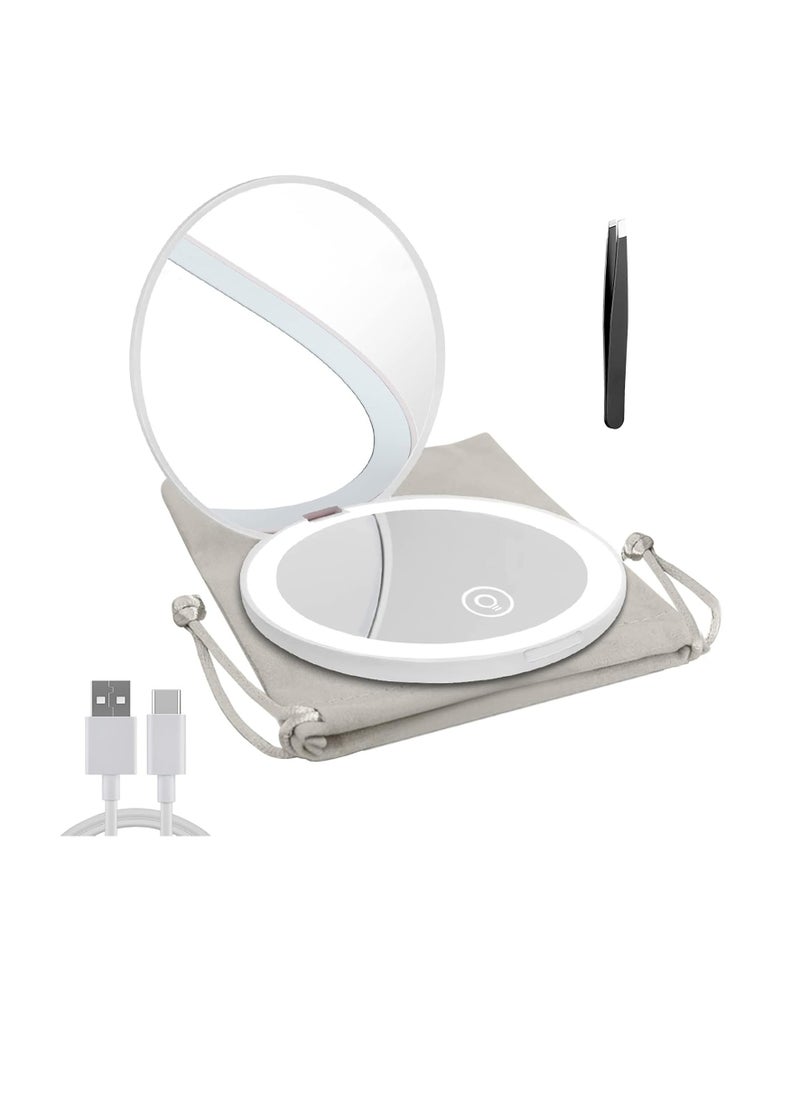 Compact Mirror with LED Light,1x/10x Magnifying Rechargeable Mirror,3.5in, Dimmable Travel Mirror for Purse,Pocket,Handheld 2-Sided Makeup Mirror