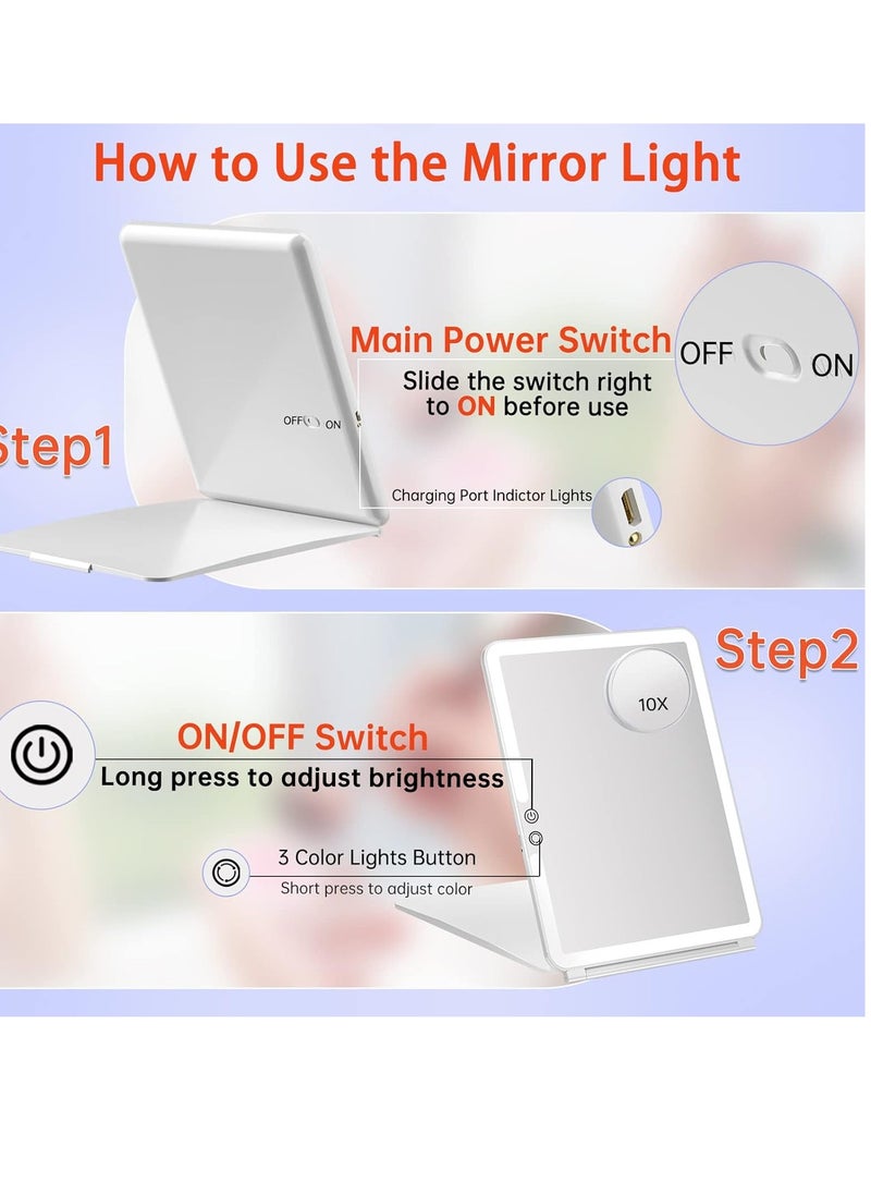 FUNTOUCH 1800mAh Rechargeable Large Travel Makeup Mirror with Lights, 10x7.5 Portable Lighted Makeup Mirror with 3 Color Lights, Dimming Folding Light Up Travel Mirrors with 10X Magnifying Mirror