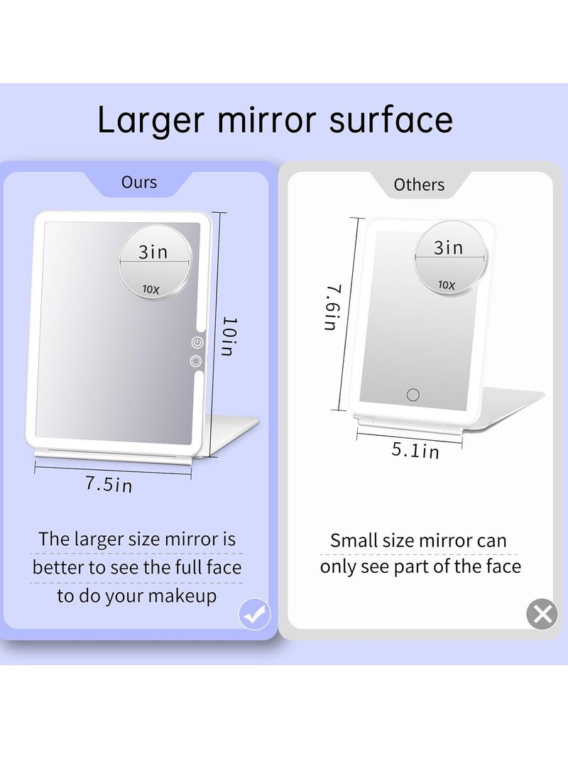 FUNTOUCH 1800mAh Rechargeable Large Travel Makeup Mirror with Lights, 10x7.5 Portable Lighted Makeup Mirror with 3 Color Lights, Dimming Folding Light Up Travel Mirrors with 10X Magnifying Mirror