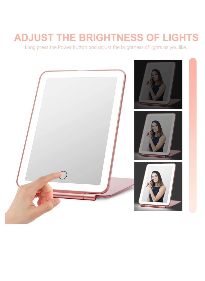 LED Foldable Travel Makeup Mirror - 5x7 inches 3 Colors Light Modes USB Rechargeable Touch Screen, Portable Tabletop Cosmetic for Travel, Cosmetic, Office (Rose Gold)