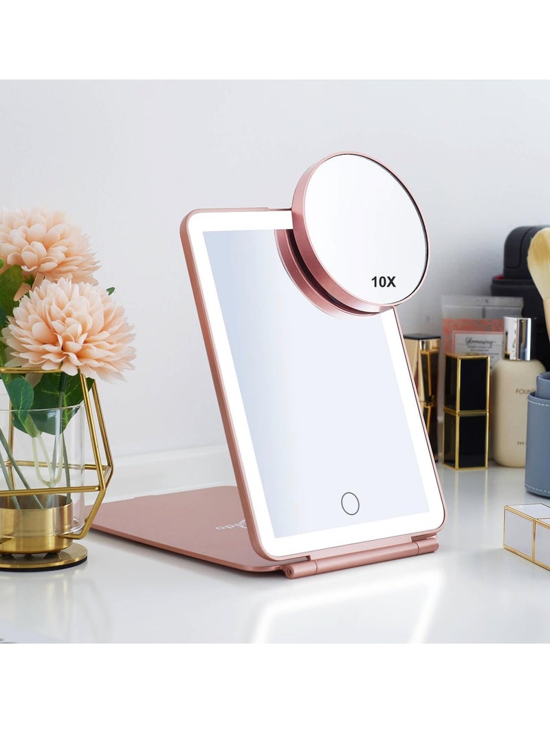 LED Foldable Travel Makeup Mirror - 5x7 inches 3 Colors Light Modes USB Rechargeable Touch Screen, Portable Tabletop Cosmetic for Travel, Cosmetic, Office (Rose Gold)