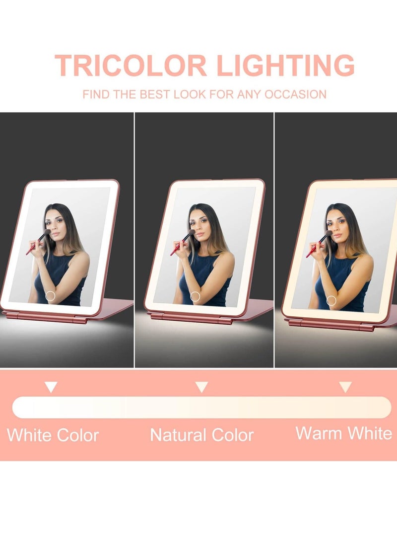 LED Foldable Travel Makeup Mirror - 5x7 inches 3 Colors Light Modes USB Rechargeable Touch Screen, Portable Tabletop Cosmetic for Travel, Cosmetic, Office (Rose Gold)