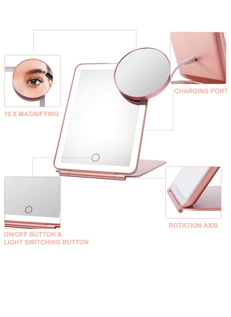 LED Foldable Travel Makeup Mirror - 5x7 inches 3 Colors Light Modes USB Rechargeable Touch Screen, Portable Tabletop Cosmetic for Travel, Cosmetic, Office (Rose Gold)