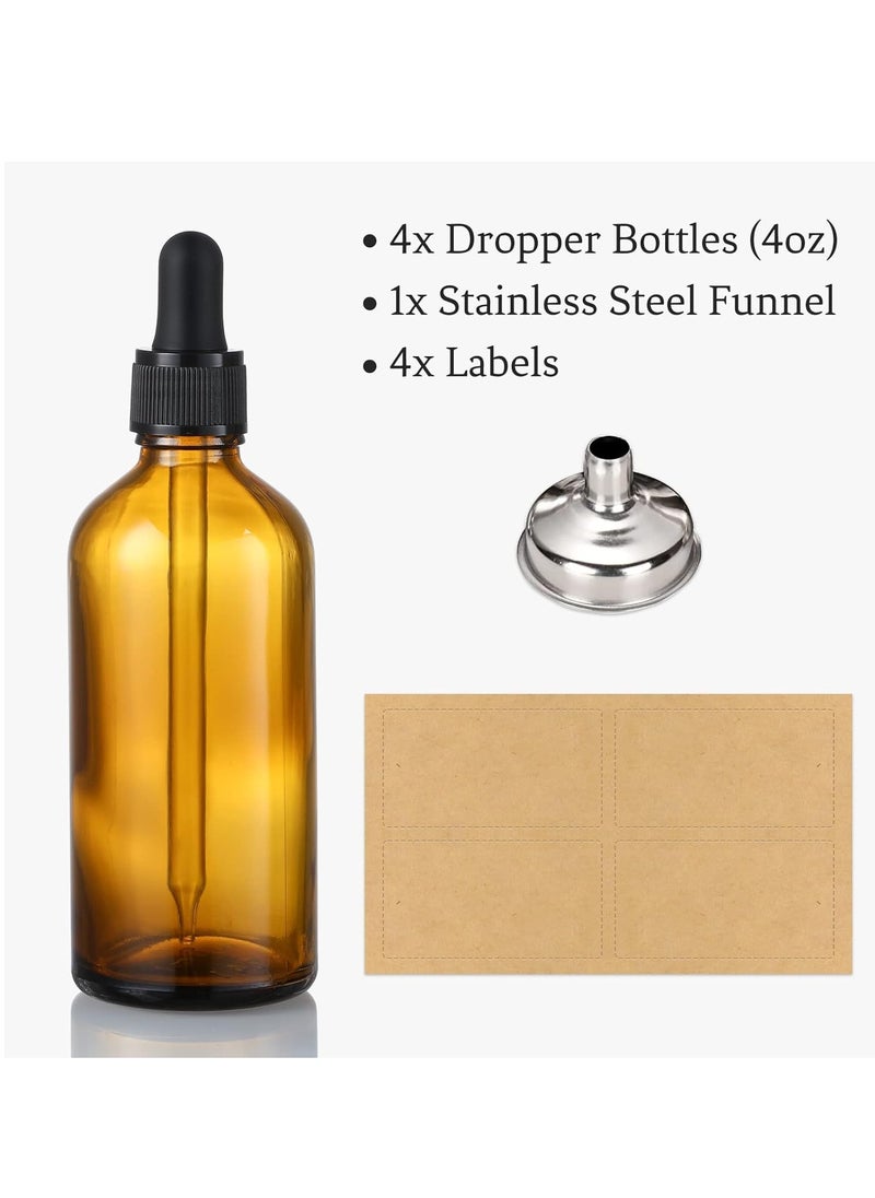 AOZITA 4 Pack, 4 oz Dropper Bottles with 1 Funnel & 4 Labels - Essential Oils Bottles for Health, Personal Care & Beauty - 120ml Thick Dark Amber Glass Tincture Bottles with Eye Droppers, Leakproof