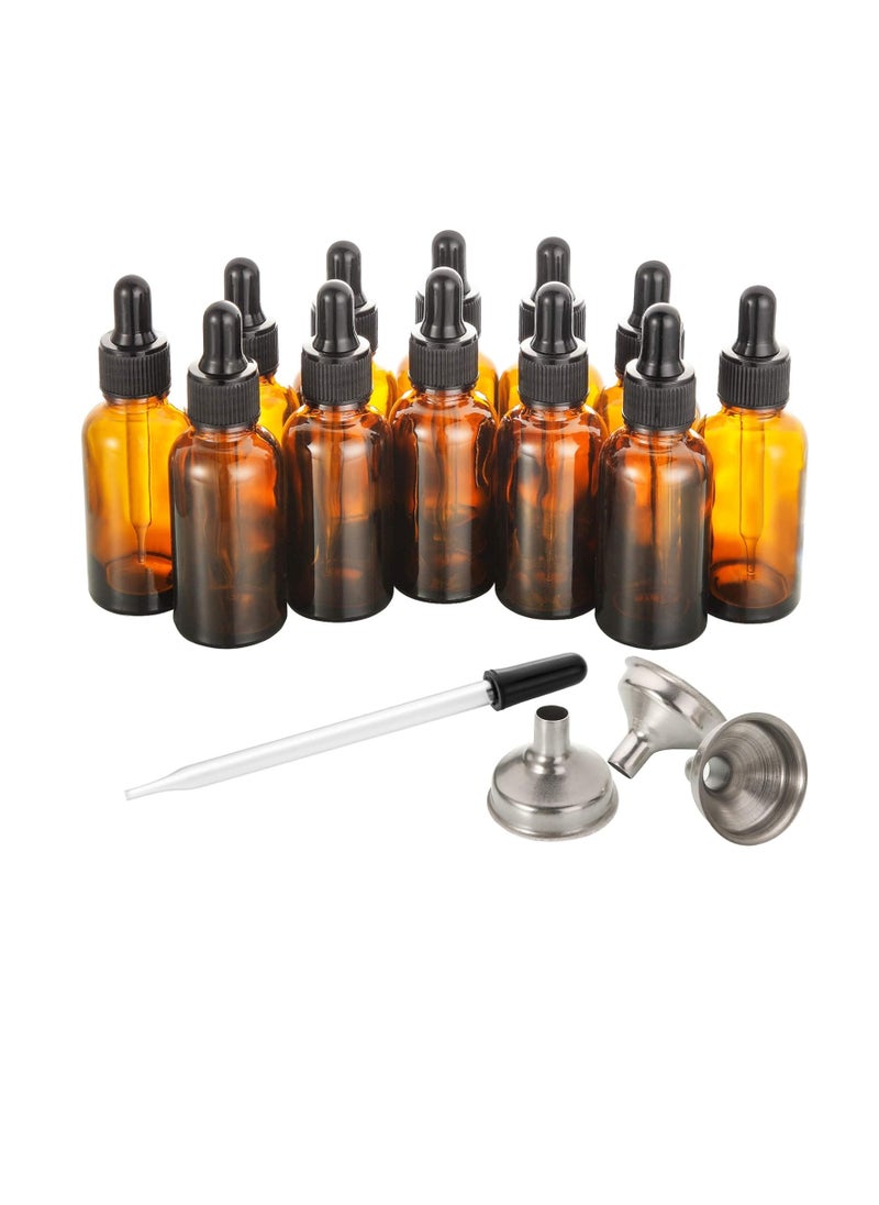 12 Pack, 2 oz Glass Dropper Bottle with 3 Stainless Steel Funnels & 1 Long Eye Dropper - 60ml Amber Glass Tincture Bottles for Travel Essential Oils, Liquids - Leakproof
