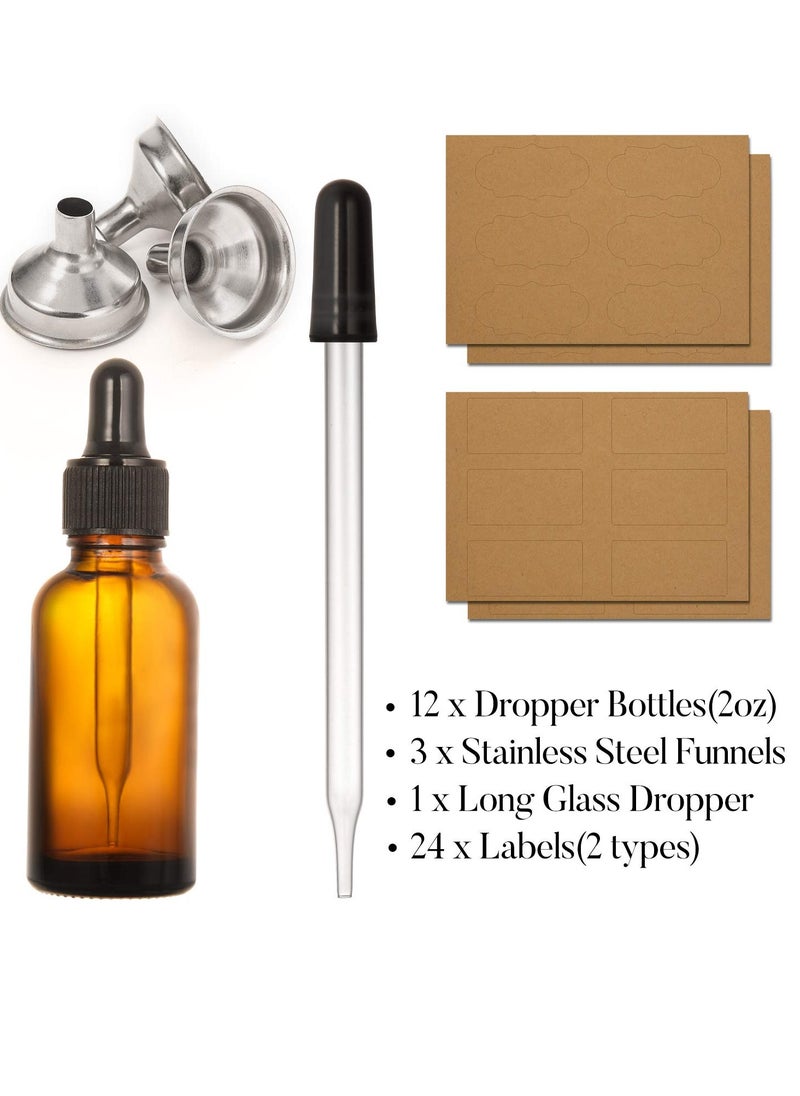 12 Pack, 2 oz Glass Dropper Bottle with 3 Stainless Steel Funnels & 1 Long Eye Dropper - 60ml Amber Glass Tincture Bottles for Travel Essential Oils, Liquids - Leakproof