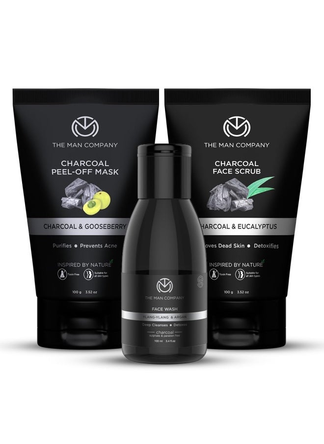 The Man Company Charcoal Face Care Kit with Peel Off Mask, Face Wash & Face Scrub | Nourishes Skin, Tan Removal, Glowing Skin - Gift Set of 3