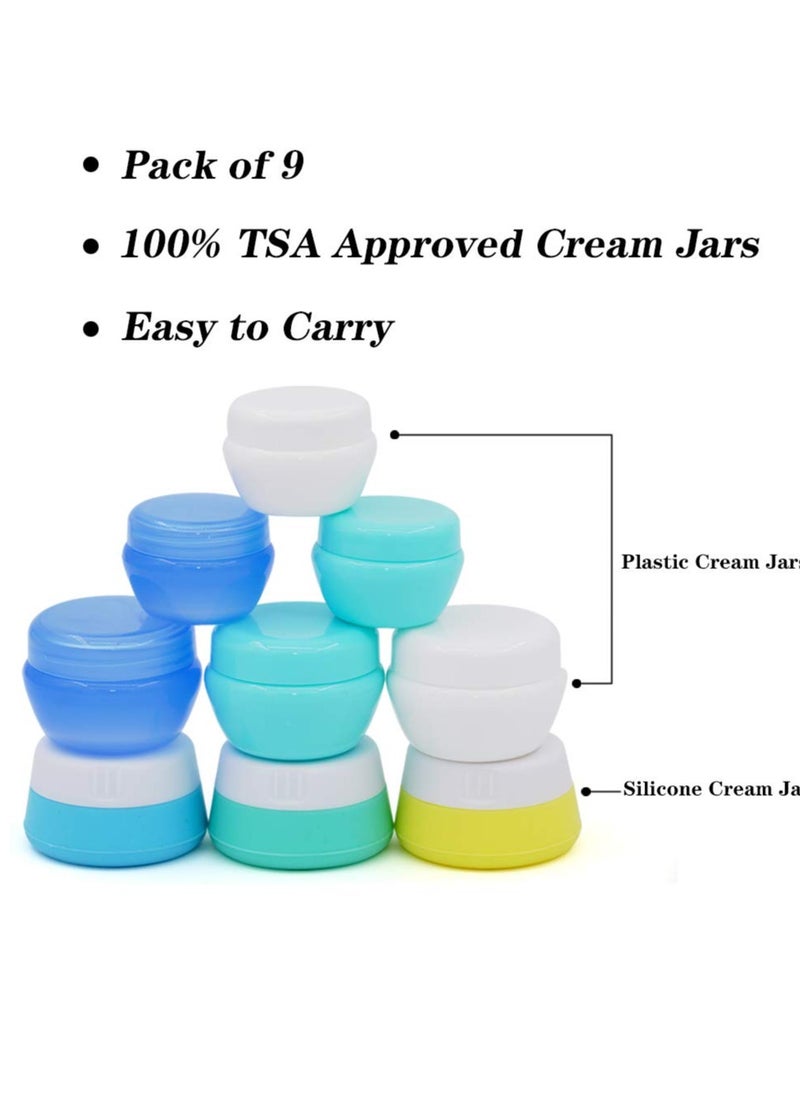 Cosywell Travel Containers Sets Silicone & PP Cream Jars for Toiletries Empty Lotion Leak-proof & TSA Approved Bottles Accessories with Hard Sealed Lids for Cosmetic Makeup Face Cream (9 Jars)