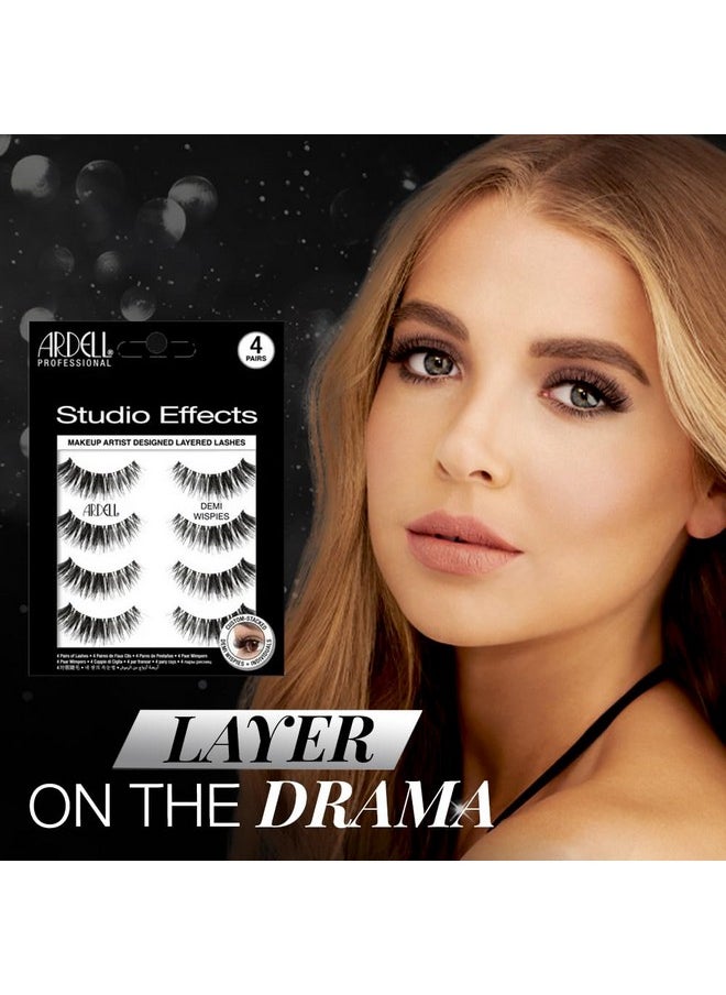 Studio Effects Demi Wispies For Women (4 Pk), Long & Black Fibers False Eyelash, Bold & Full Volume, Flared & Winged Styled