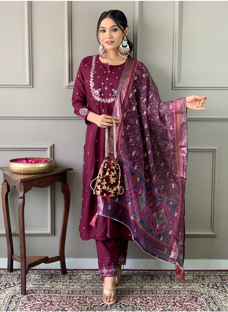 Women Viscose Chanderi aubergine Kurta with pant and heavy embroidery dupatta set