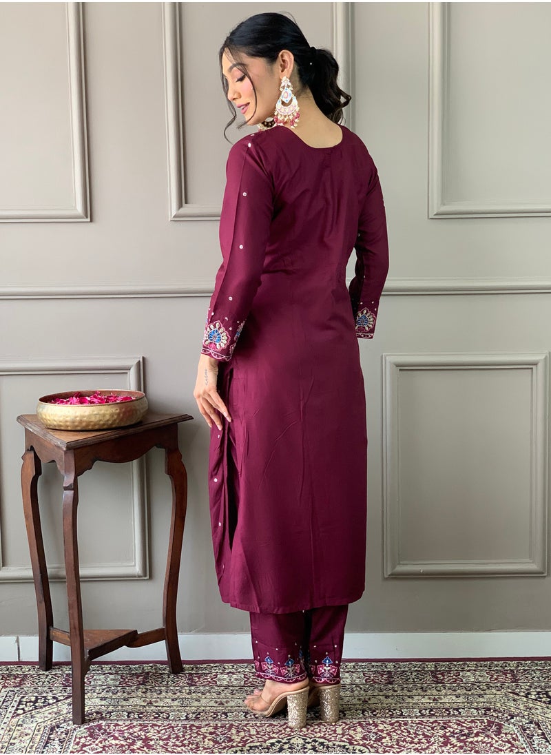 Women Viscose Chanderi aubergine Kurta with pant and heavy embroidery dupatta set