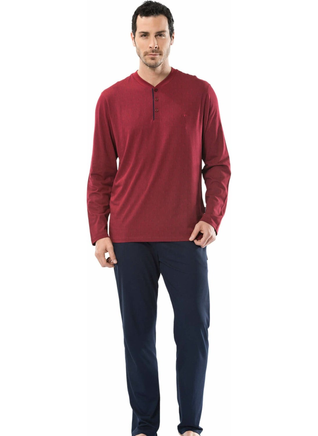 2148 Claret Red Men's Printed Placket Long Sleeve