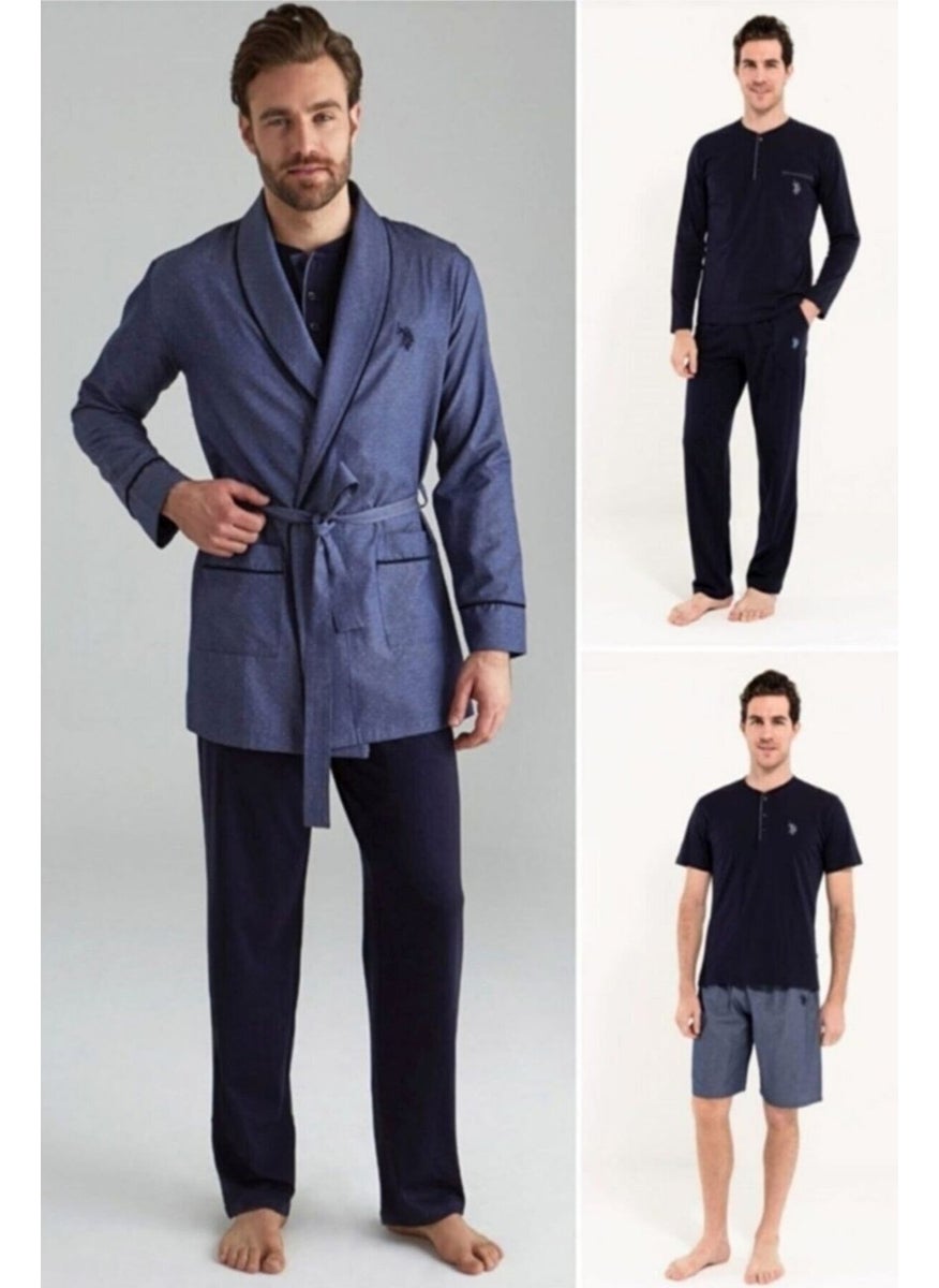 12000 Men's Navy Blue Dressing Gown Pajamas Shorts 5 Piece Set