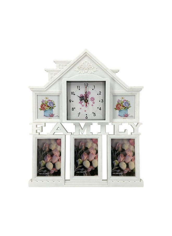 Plastic Family Design Multi Pictures Collage Photo Frame with Time Clock, Wall Mount Display, White Frame, 1-Pc