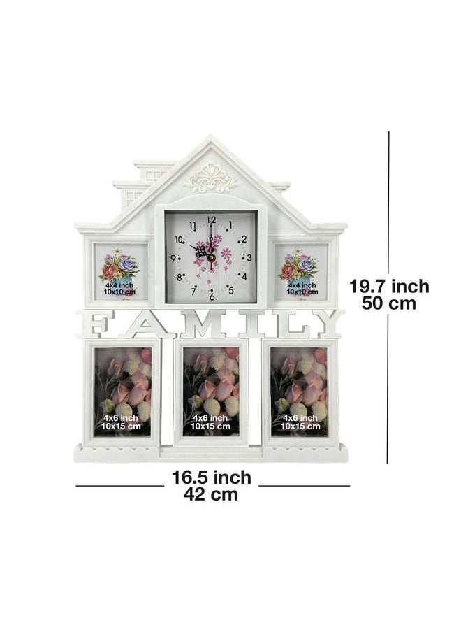 Plastic Family Design Multi Pictures Collage Photo Frame with Time Clock, Wall Mount Display, White Frame, 1-Pc