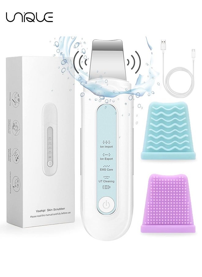 Ultrasonic Skin Scrubber - Face Skin Spatula Pore Cleaner Blackhead Remover Face Beauty Lifting Tool - with 4 Modes Facial Deep Cleansing Care Tool with Two Silicone Cases