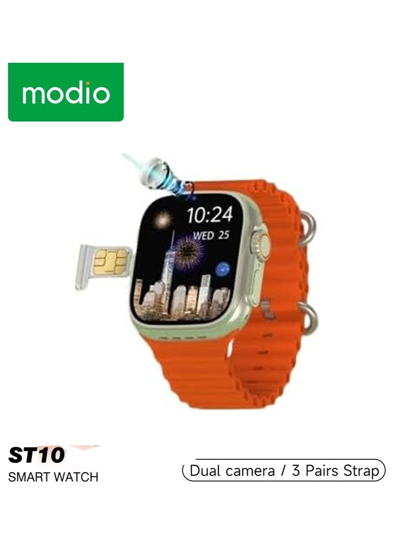 Modio ST10 Smartwatch with 2.2 Inch Display Dual Camera Sim Card Slot and 3 Pair Straps Designed for Ladies and Gents Silver