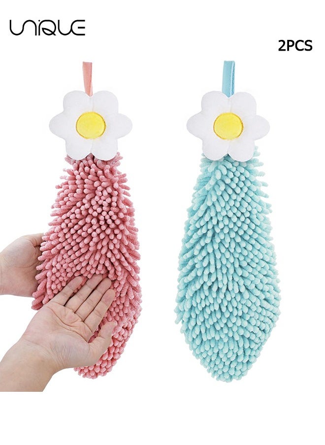 2 Pack Fuzzy Ball Hand Towel，Cute Flower Hanging Hand Towels for Kitchen with Loop,Bathroom Hand Towels Hanging，Kids Hand Towels，Multi-Function Washcloth （Pink/Blue）