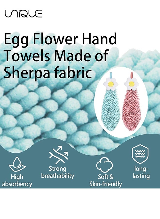 2 Pack Fuzzy Ball Hand Towel，Cute Flower Hanging Hand Towels for Kitchen with Loop,Bathroom Hand Towels Hanging，Kids Hand Towels，Multi-Function Washcloth （Pink/Blue）