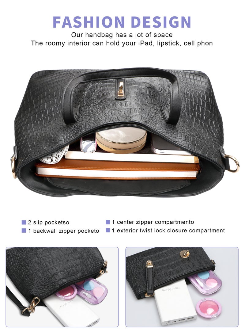 3Pcs Women HandBag Set Fashion PU Leather Crocodile Print Handbags Tote Bag Shoulder Bag Top Handle Satchel Purse Set for Traveling Party Shopping Gift and Casual Use