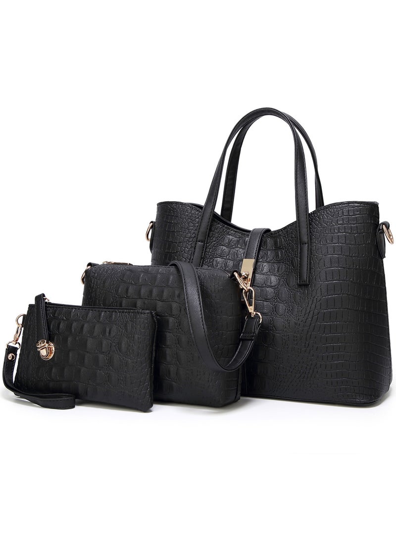 3Pcs Women HandBag Set Fashion PU Leather Crocodile Print Handbags Tote Bag Shoulder Bag Top Handle Satchel Purse Set for Traveling Party Shopping Gift and Casual Use