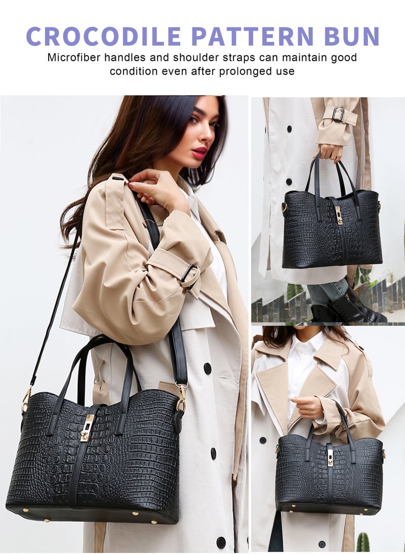 3Pcs Women HandBag Set Fashion PU Leather Crocodile Print Handbags Tote Bag Shoulder Bag Top Handle Satchel Purse Set for Traveling Party Shopping Gift and Casual Use