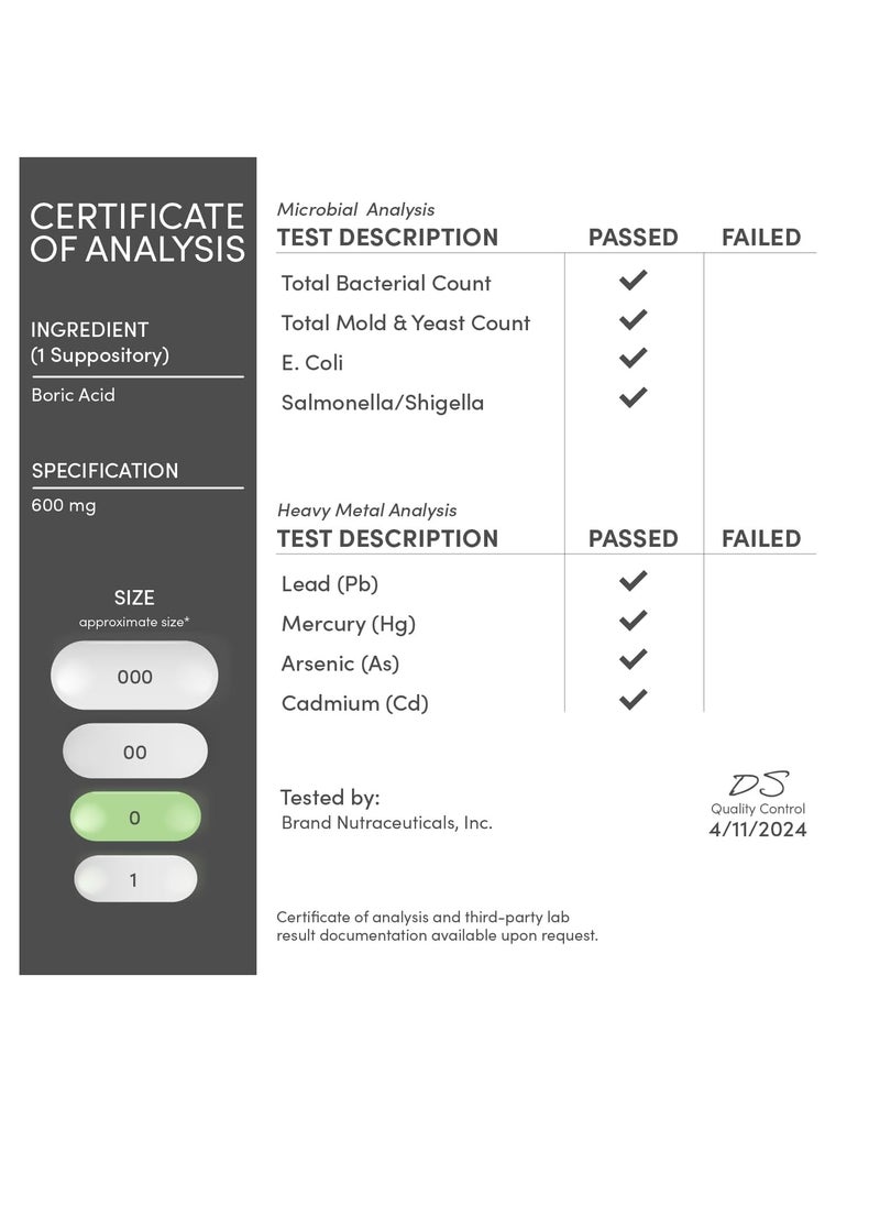 Boric Acid Suppositories (600mg Vaginal Suppository, 60 Count) Supports Vaginal pH Balance, Odor Control (USP Medical Grade Fine Powder, Easy Dissolve, Third Party Tested