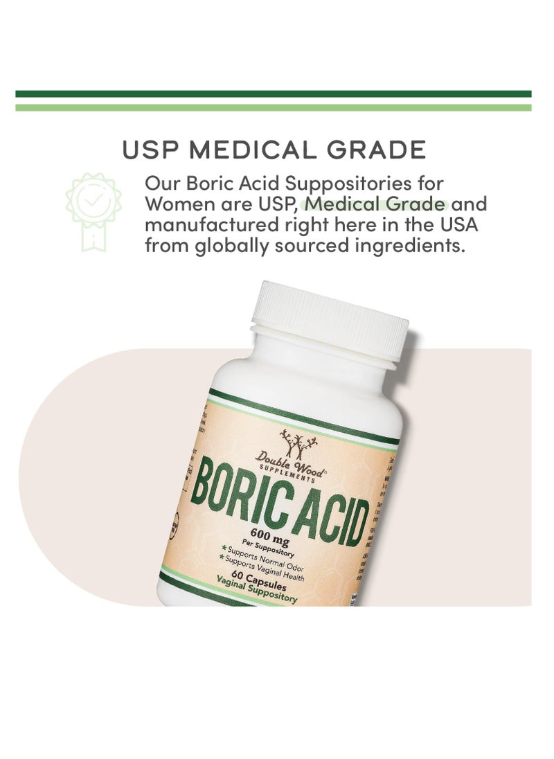 Boric Acid Suppositories (600mg Vaginal Suppository, 60 Count) Supports Vaginal pH Balance, Odor Control (USP Medical Grade Fine Powder, Easy Dissolve, Third Party Tested