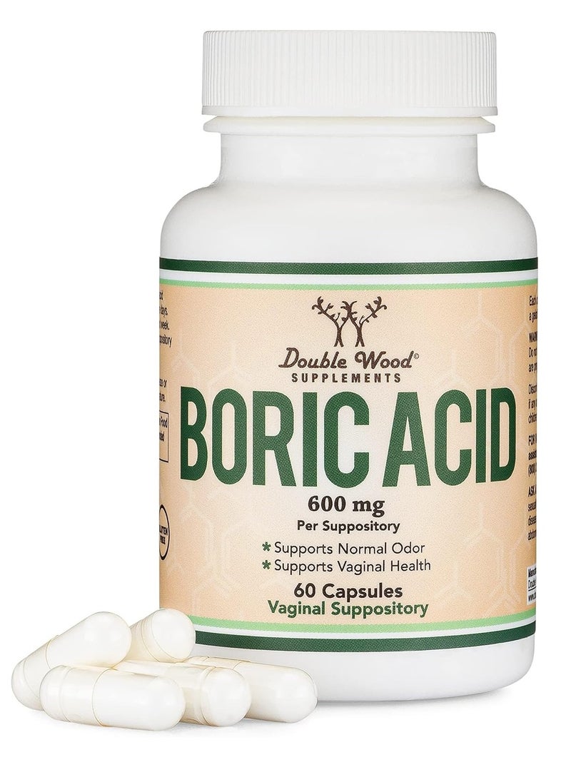 Boric Acid Suppositories (600mg Vaginal Suppository, 60 Count) Supports Vaginal pH Balance, Odor Control (USP Medical Grade Fine Powder, Easy Dissolve, Third Party Tested