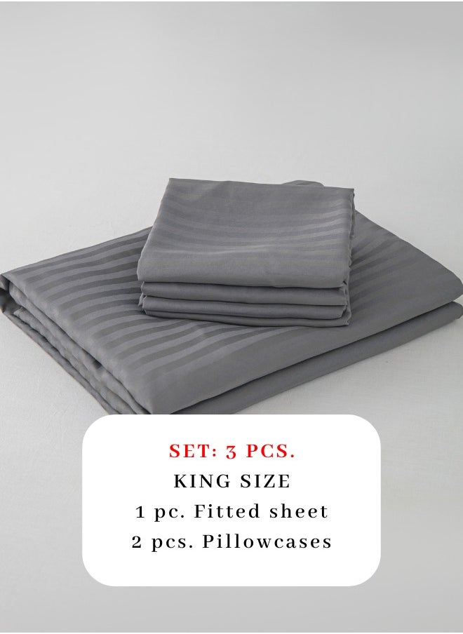Fitted sheet with elastic corner 180*200+30cm with 2 pillow cases, bedsheet set 0f 3 piece king size, dark grey.